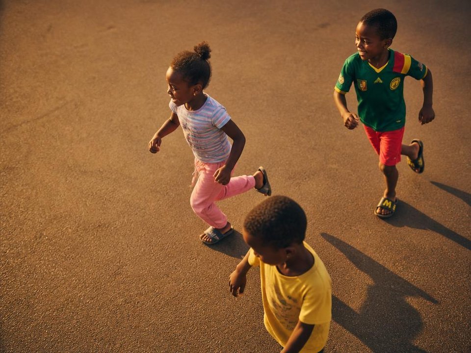 Children running and laughing on a dirt road at home